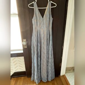 Lulu's Dusty Blue Lace Illusion Formal Dress, V neck - Sz M